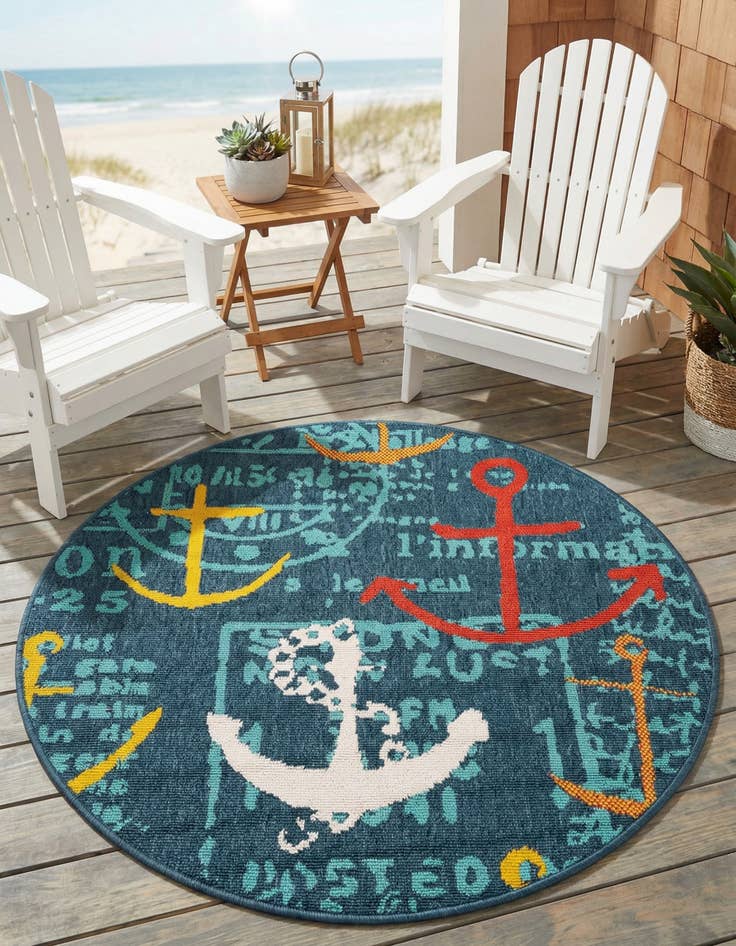 Detail image of 3' x 3'  Washable Coastal Indoor / Outdoor Round Rug