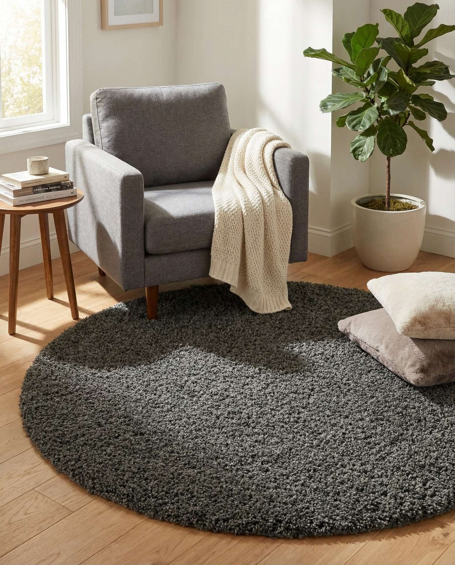 5' 3 x 5' 3 Solid Shag Round Rug
