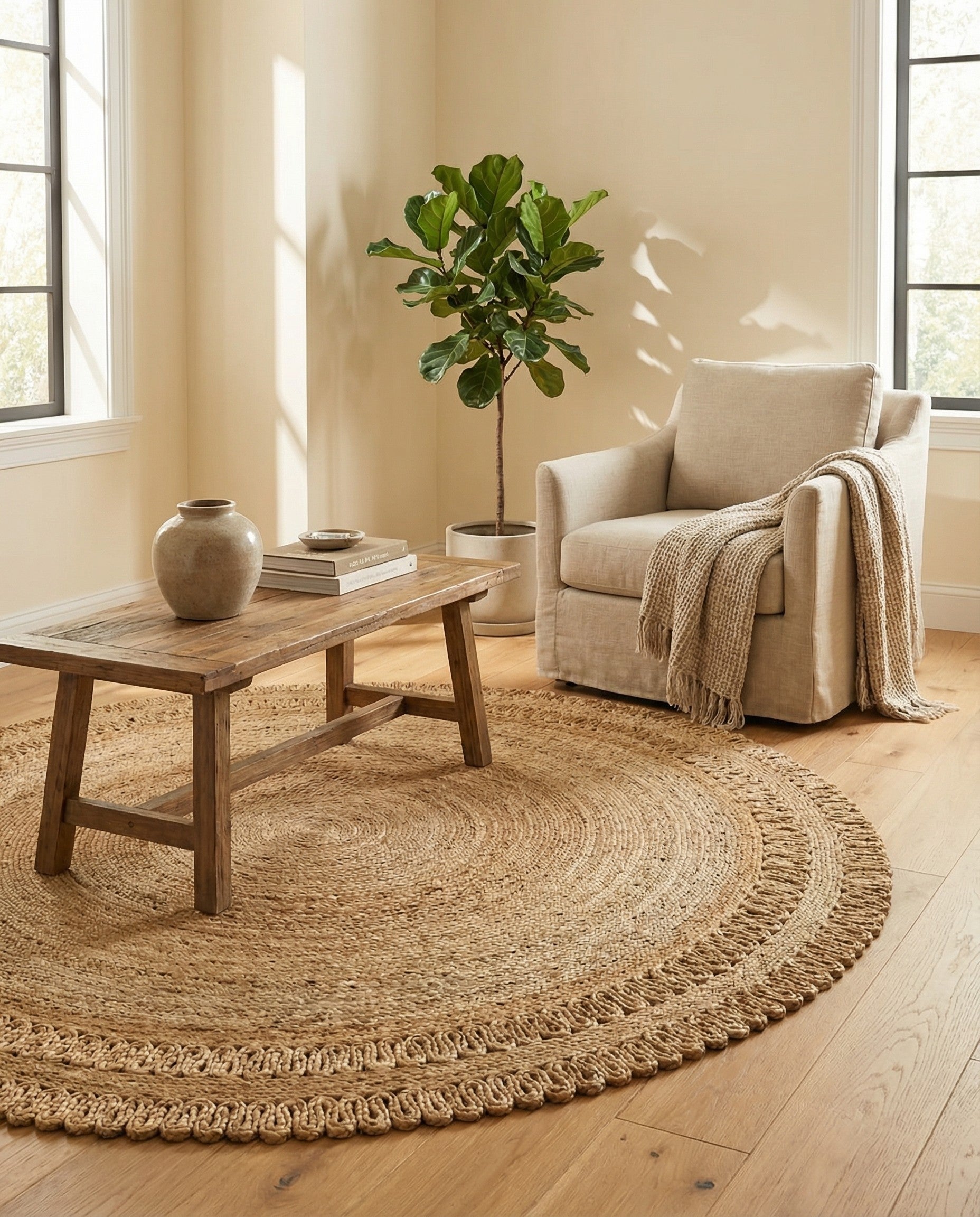 A 5' 1 round natural jute rug with a braided texture and decorative scalloped border, perfect for a living room or bedroom.