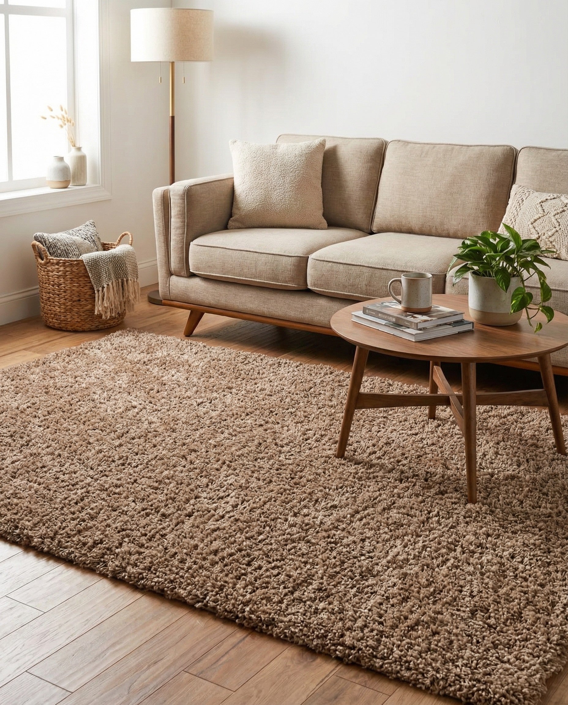 A 5x8 rectangular brown shag rug with a plush, textured pile, perfect for a modern living room or bedroom.