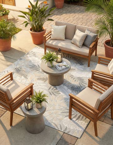 Gray Easy-Clean Botanical Indoor / Outdoor Square Rug