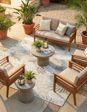 Gray Easy-Clean Botanical Indoor / Outdoor Square Rug