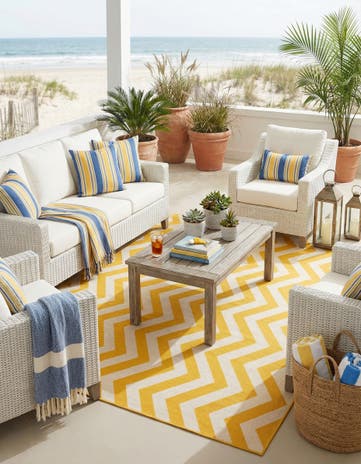 Yellow Easy-Clean Coastal Indoor / Outdoor Square Rug