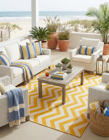 Yellow Easy-Clean Coastal Indoor / Outdoor Square Rug
