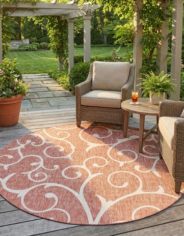 Rust Red Easy-Clean Botanical Indoor / Outdoor Round Rug