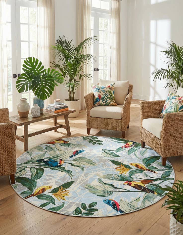 Detail image of  7' 10 x 7' 10  Washable Botanical Indoor / Outdoor Round Rug