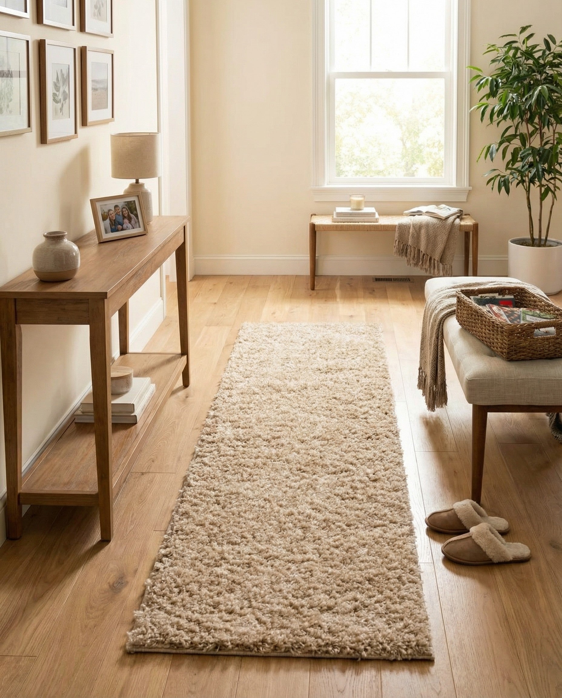 A long, rectangular 13 ft runner rug in a solid light brown and tan shag texture, ideal for a hallway.