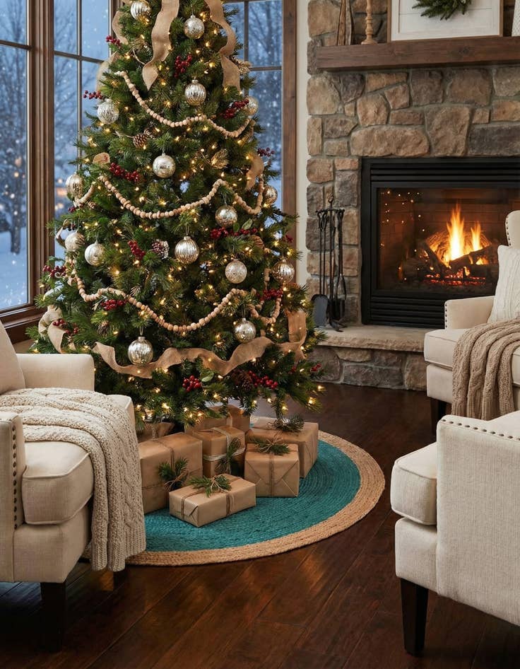 Detail image of 3' 1 x 3' 1  Hand Braided Christmas Tree Skirt