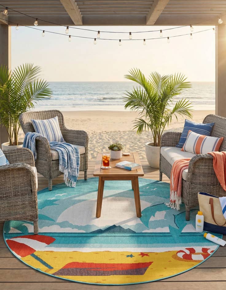 Detail image of 7' 10 x 7' 10  Washable Coastal Indoor / Outdoor Round Rug