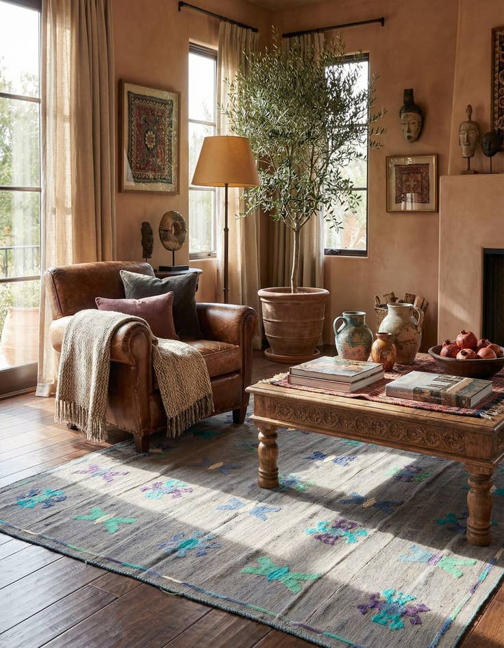 Detail image of 5' 3 x 6'  Hand Woven Kilim Suzani Wool Rug