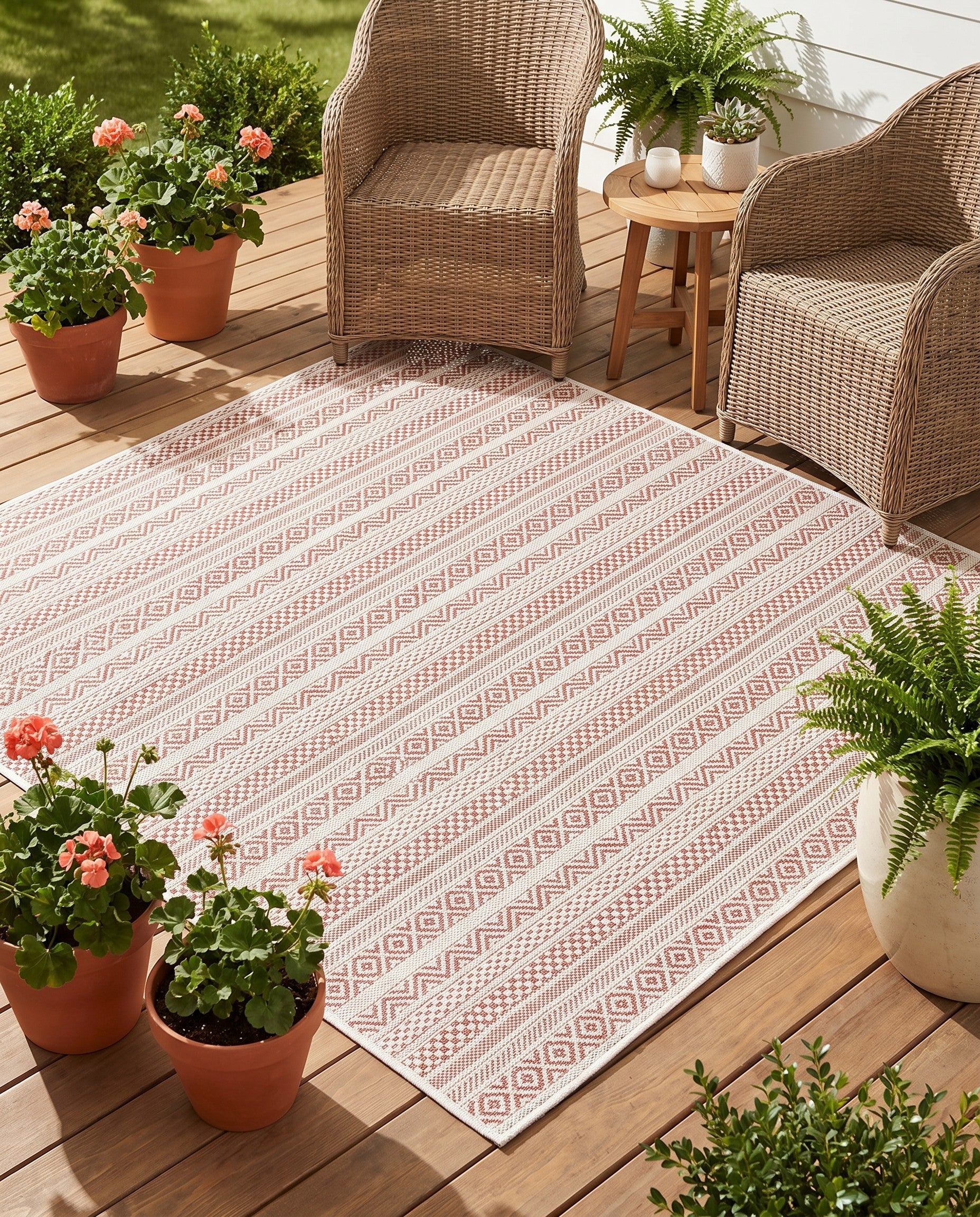 Red Easy-Clean Striped Indoor / Outdoor Square Rug