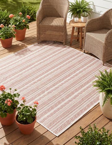 Red Easy-Clean Striped Indoor / Outdoor Square Rug
