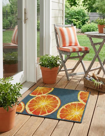 Navy Blue and Orange Easy-Clean Modern Indoor / Outdoor Rug