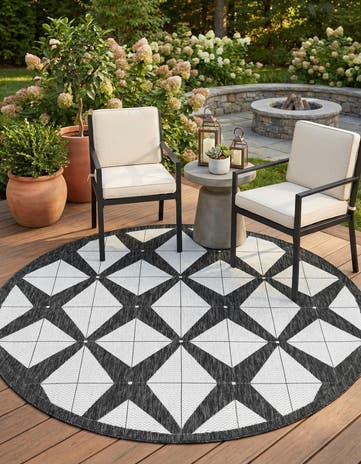 Black and White Easy-Clean Modern Indoor / Outdoor Round Rug