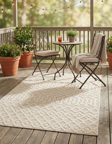 Ivory Easy-Clean Trellis Textured Indoor / Outdoor Rug
