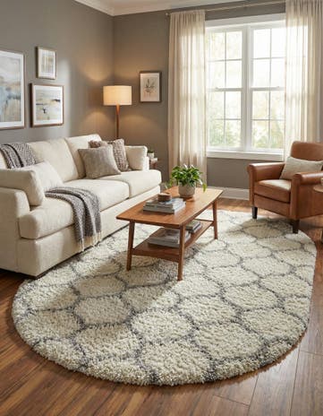 Ivory Lattice Shag Oval Rug