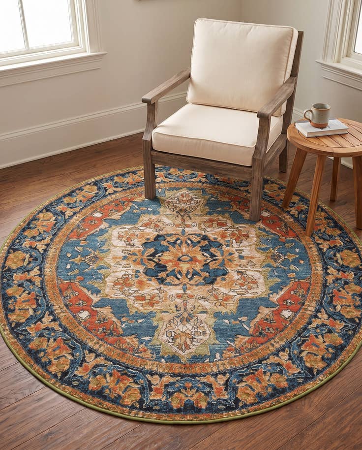 Detailansicht von 155cm x 155cm Leicht zu reinigen Traditional Innen- / Aussenbereich Rund Teppich