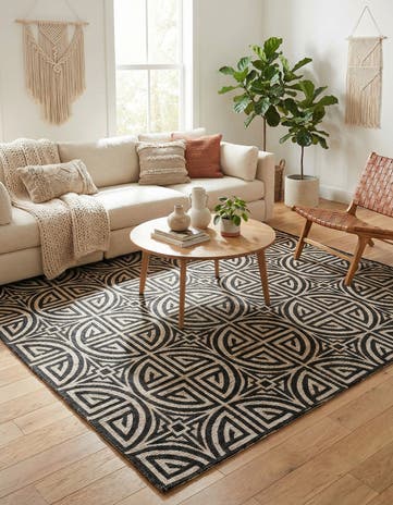 Black and Ivory Hand Woven Chenille Jute Square Rug