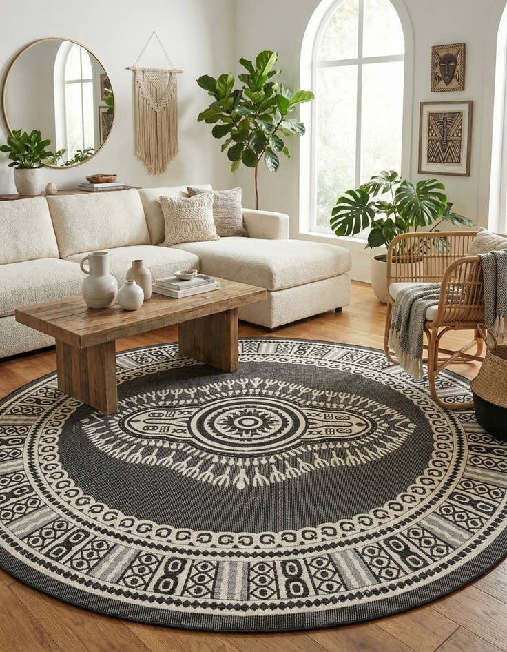 Detail image of 12' x 12'  Washable Traditional Indoor / Outdoor Round Rug