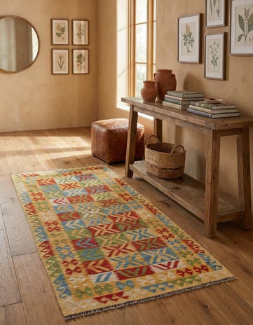 3' 5 x 6' 8 Hand Woven Kilim Maymana Wool Runner Rug