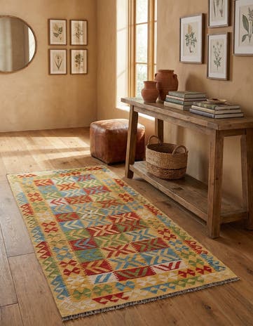 3' 5 x 6' 8 Hand Woven Kilim Maymana Wool Runner Rug