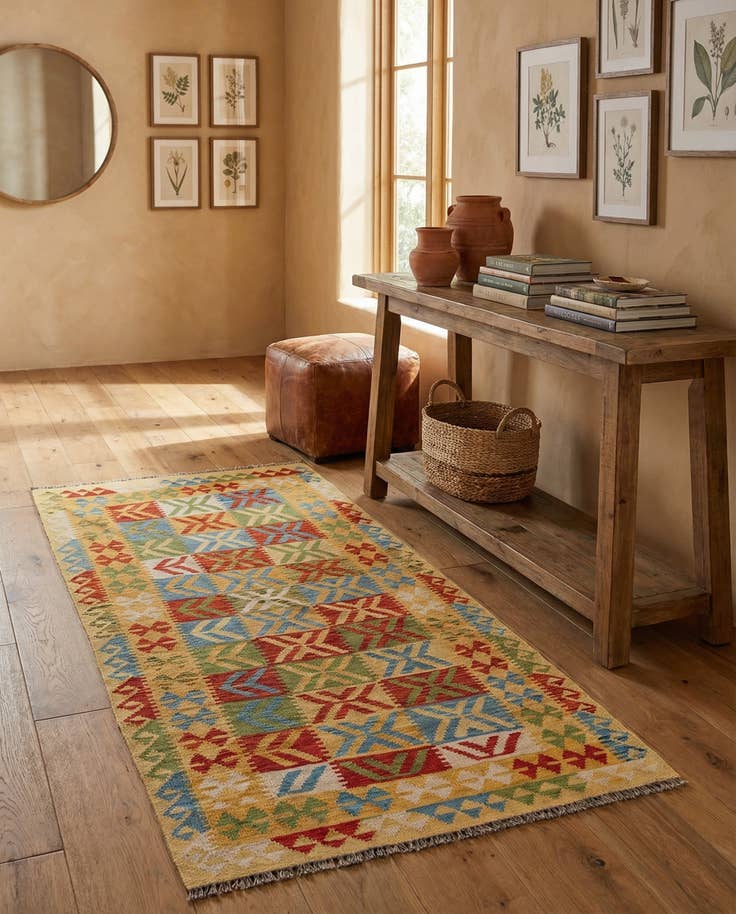 Detail image of 3' 5 x 6' 8 Hand Woven Kilim Maymana Wool Runner Rug