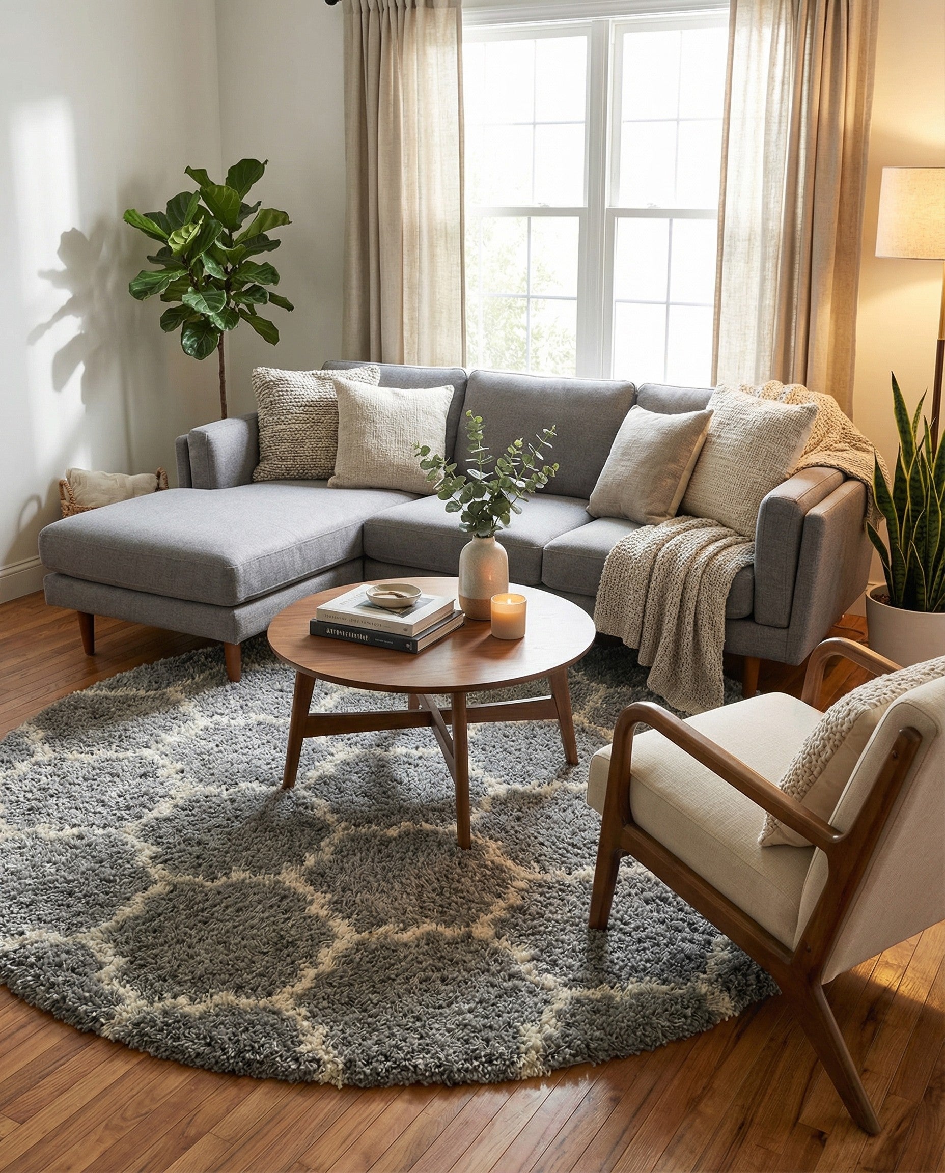 A 7' 10 x 7' 10 round gray shag rug with a white modern trellis pattern, showcasing its textured pile.