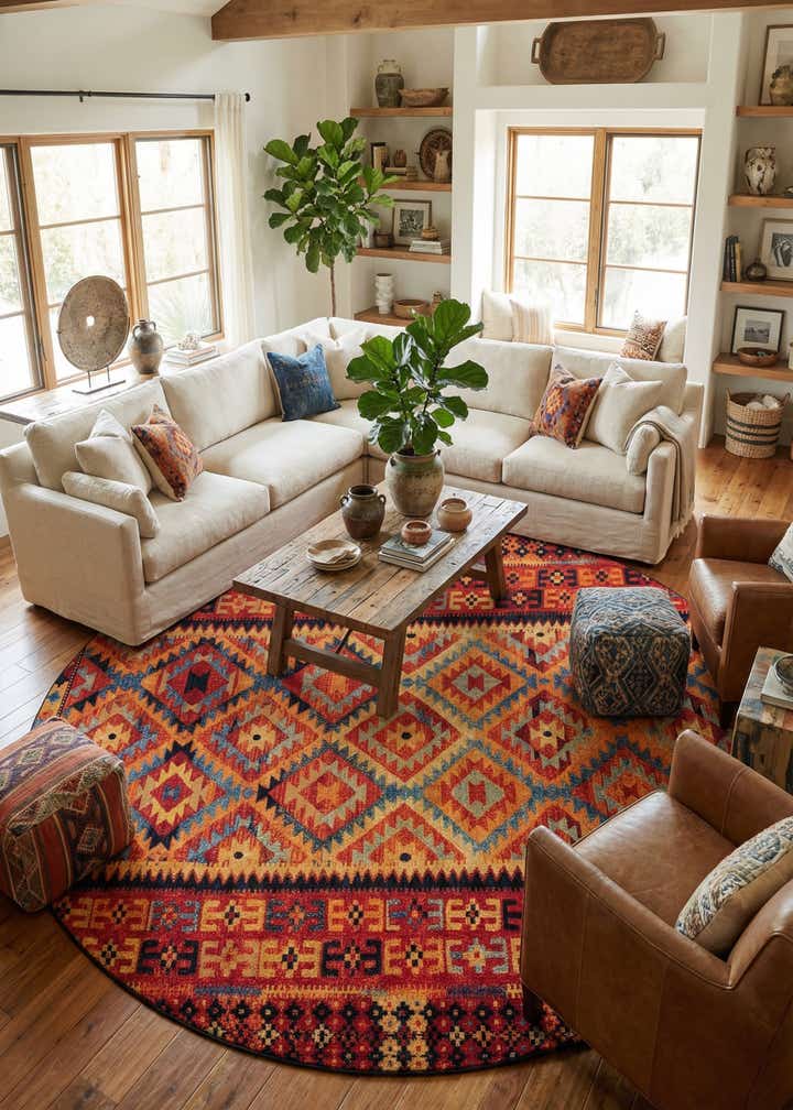 12' x 12' Easy-Clean Tribal Indoor / Outdoor Round Rug