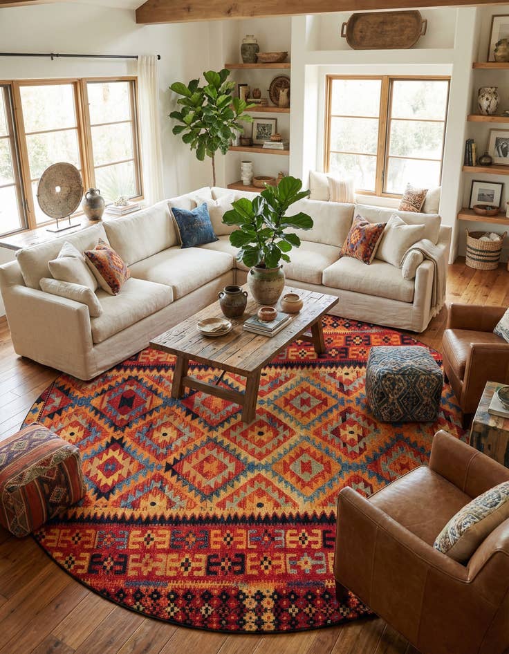 Detail image of 12' x 12' Easy-Clean Tribal Indoor / Outdoor Round Rug