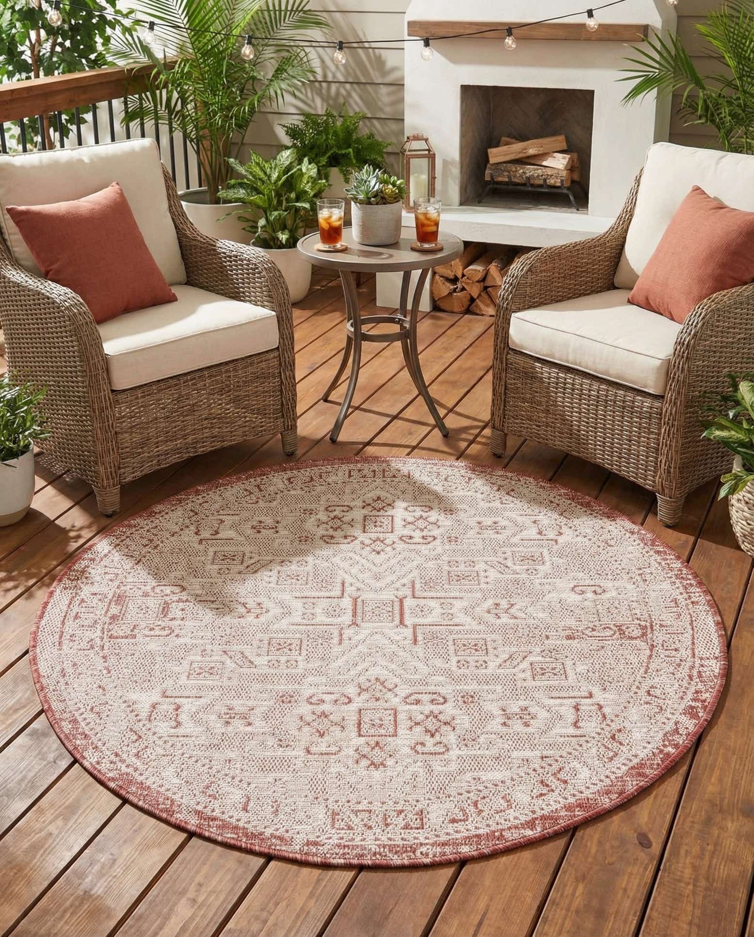 4' x 4' Easy-Clean Aztec Indoor / Outdoor Round Rug