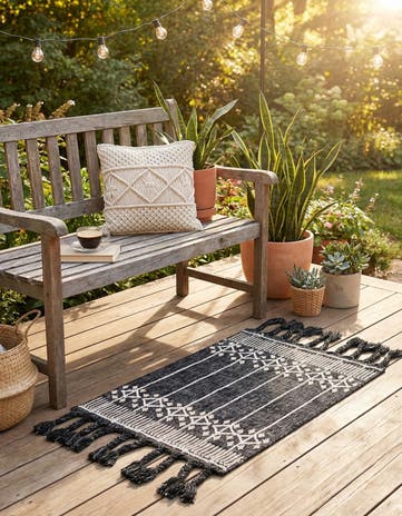 Charcoal Black Easy-Clean Eco Bohemian Indoor / Outdoor Rug