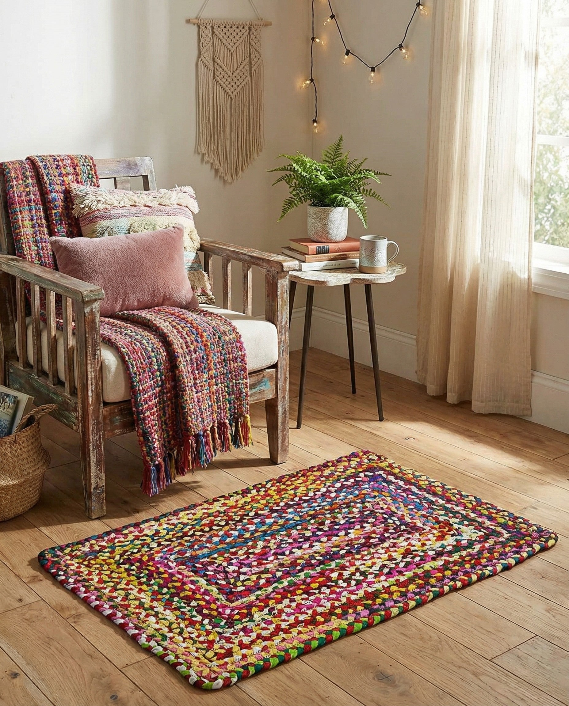 A vibrant 2x3 multi-colored braided cotton rug with a rectangular shape, featuring a mix of red, yellow, blue, green, and pink hues.