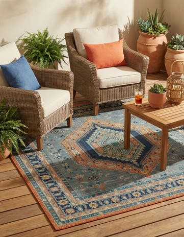 Blue and Rust Red Easy-Clean Baja Indoor / Outdoor Square Rug