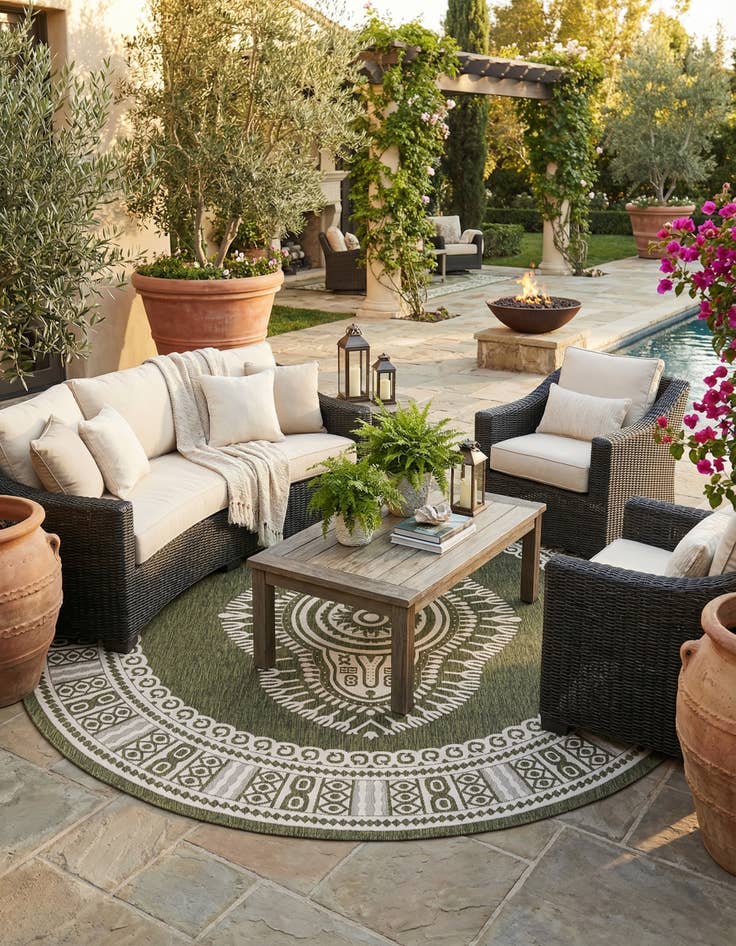 Detail image of 12' x 12'  Washable Traditional Indoor / Outdoor Round Rug