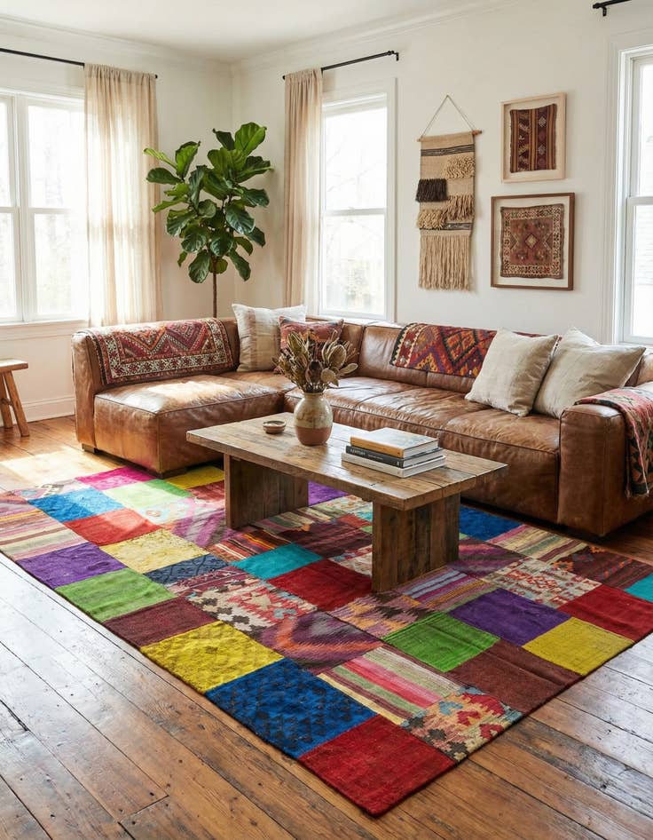 Detail image of  6' 7 x 10'  Hand Woven Kilim Patchwork Wool Rug