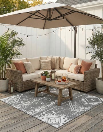 Charcoal Gray Easy-Clean Bohemian Indoor / Outdoor Square Rug