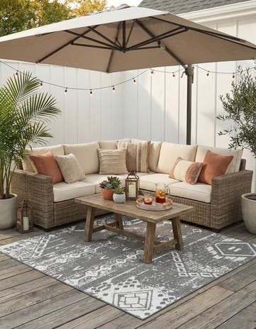 Charcoal Gray Easy-Clean Bohemian Indoor / Outdoor Square Rug