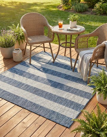 Blue Easy-Clean Ribbon Indoor / Outdoor Square Rug
