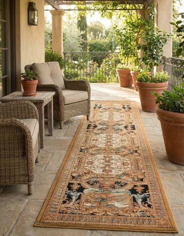 Black Gold Brown Easy-Clean Traditional Indoor / Outdoor Runner Rug