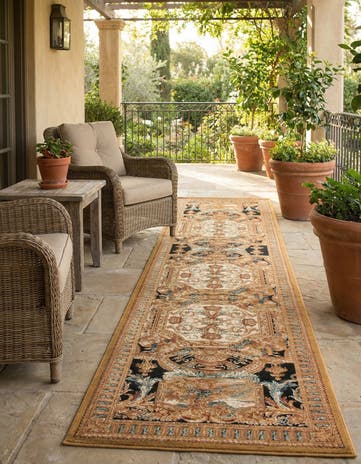 Black Gold Brown Easy-Clean Traditional Indoor / Outdoor Runner Rug