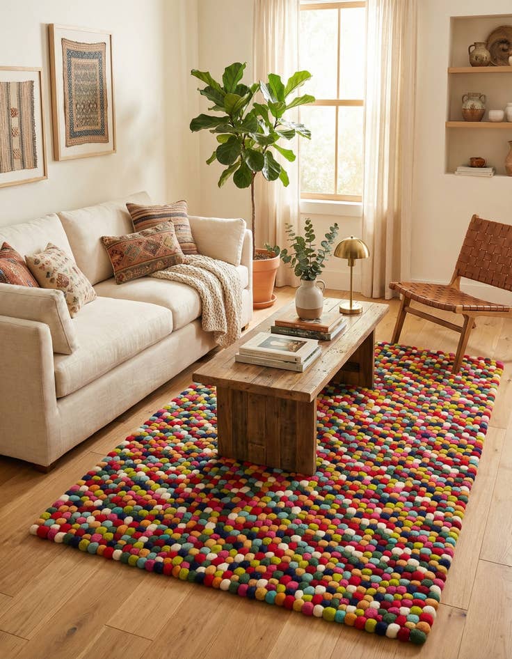 Detail image of  4' 1 x 6' 1 Felt Ball Wool Rug