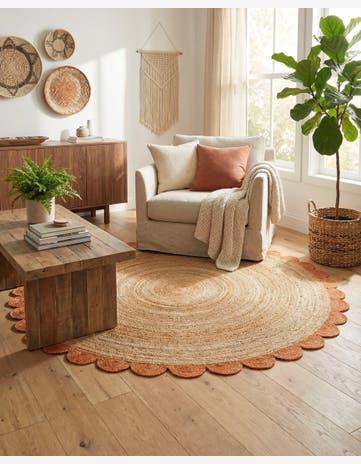 Natural and Terracotta Handmade Scallop Braided Jute Round Rug