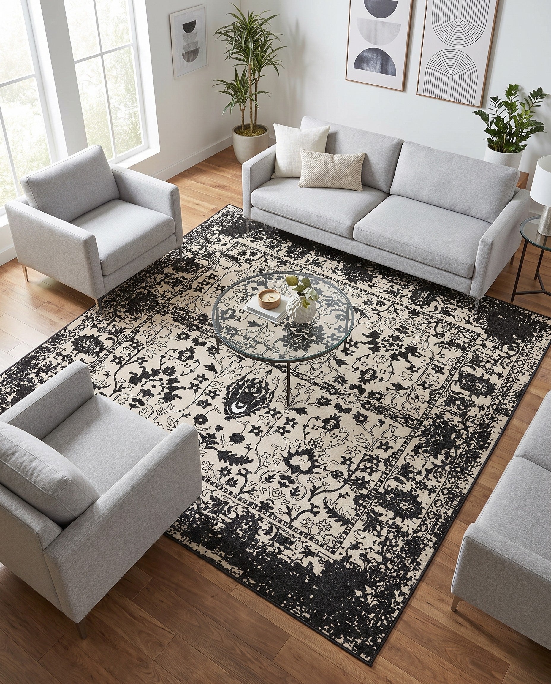 Black and White Kamala Washable Square Rug