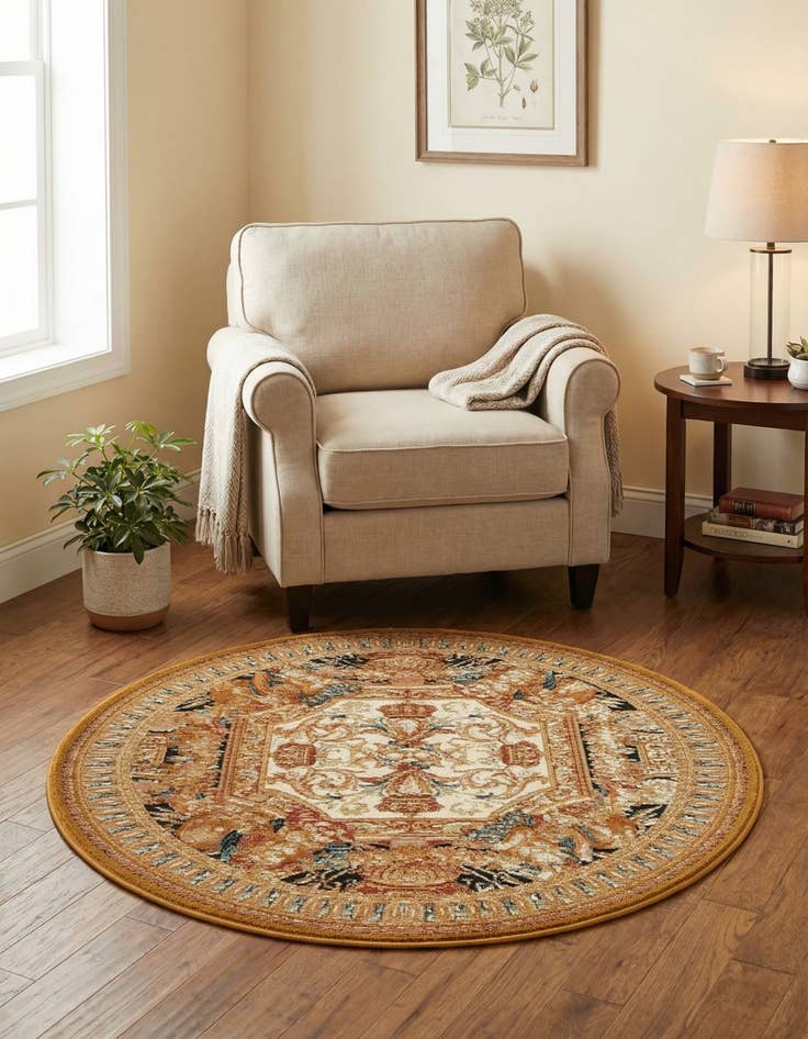 Detail image of 3' 3 x 3' 3  Washable Traditional Indoor / Outdoor Round Rug