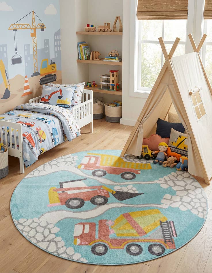 Detail image of 7' 10 x 7' 10 Construction Whimsy Kids Round Rug