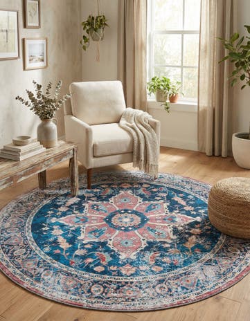 Navy Blue Washable Yara Round Rug