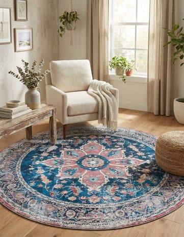 Navy Blue Washable Yara Round Rug