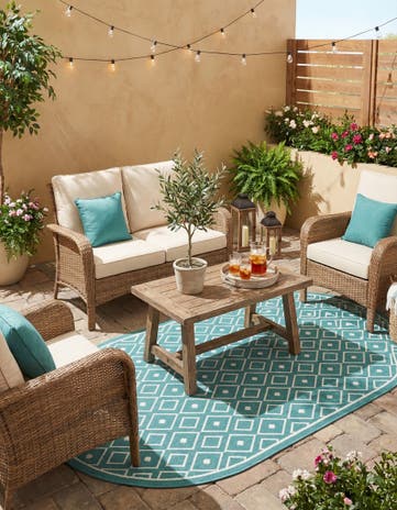 Teal Easy-Clean Lattice Indoor / Outdoor Oval Rug