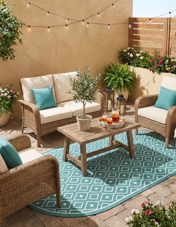 Teal Easy-Clean Lattice Indoor / Outdoor Oval Rug