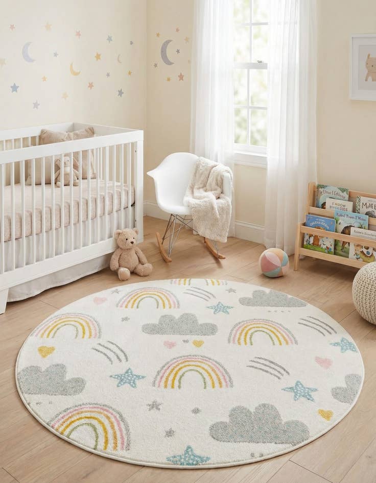 Detail image of  5' 3 x 5' 3 Clouds and Rainbows Whimsy Kids Round Rug
